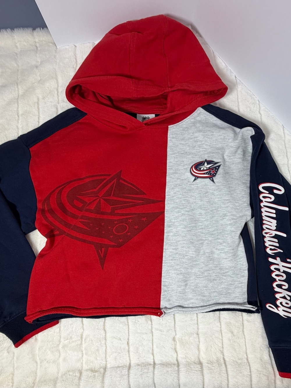 Columbus Hockey Crop Colorblock Hoodie - girls size 10/12 Red/Grey/Navy